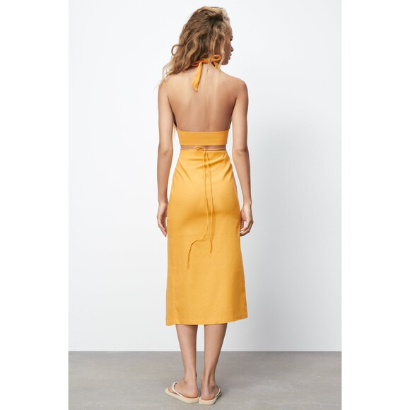 Yellow Zara Linen Blend Ruched Midi Skirt (NWT) - Picture 4 of 7